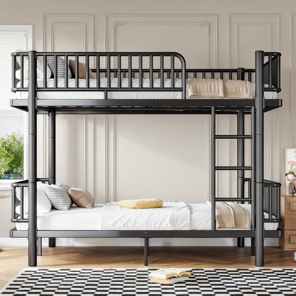Bunk Beds Queen Over Queen Metal Frame, Ladders Guardrails, Round Pipe Safety Design, Convertible to 2 Platform Beds,Black