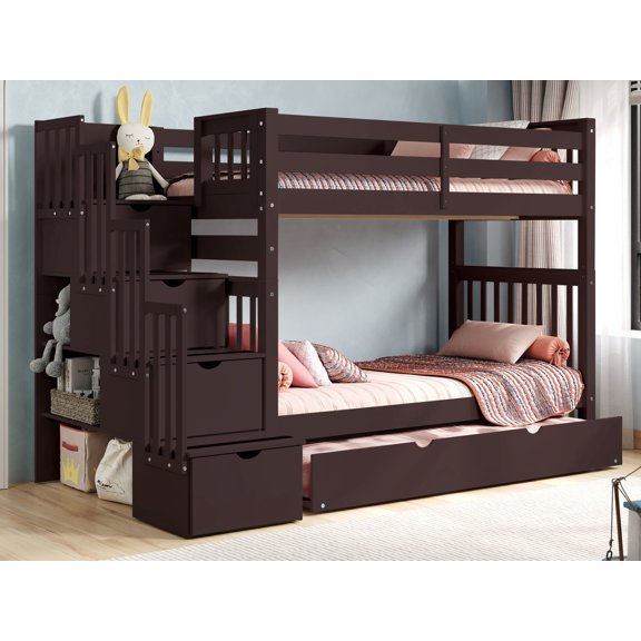 Bedz King Tall Stairway Bunk Beds Twin over Twin with 4 Drawers in the Steps and a Twin Trundle, Dark Cherry