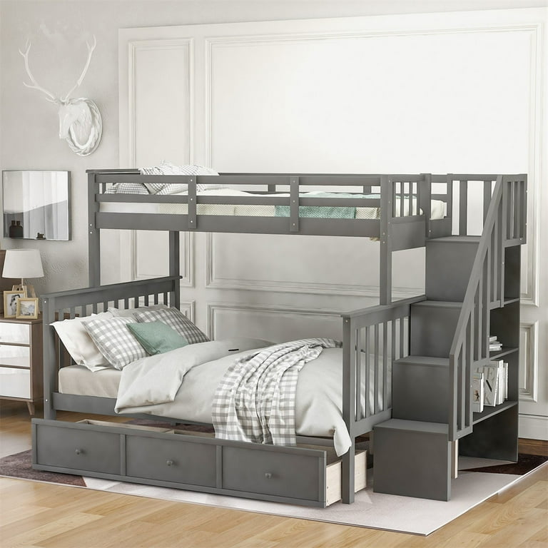 Bunk Beds Twin over Full Size Bunk Bed Frame Stairway Bunk Bed Twin over Full Bed with Storage Drawer Stairs and Guard Rail for Bedroom Guest Room Dormitory Wood Slats Support Bunk