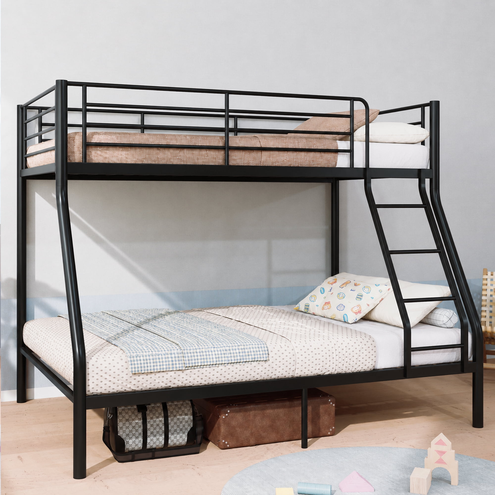 Bunk Beds Twin Over Full Size, Heavy-Duty Metal Frame with 990 lbs Bottom Capacity, High Guardrails,Noise-Free Slats, No Box Spring Needed, 1-Box Easy Assembly for Kids Teens Adults,Black