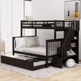 thumbnail image 1 of Bunk Beds Twin Over Full Size with Trundle, Solid Wood Platform Bed Frame with Storage Shelves, Angled Ladder, 14" Safety Guardrails, No Boxspring Required, Espresso, 1 of 9