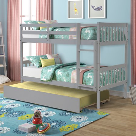 Bunk Beds Twin Over Twin Size with Safety Guardrail, Pine Wood Frame, Solid Wood Bunk Bed with Trundle for Kids and Toddler