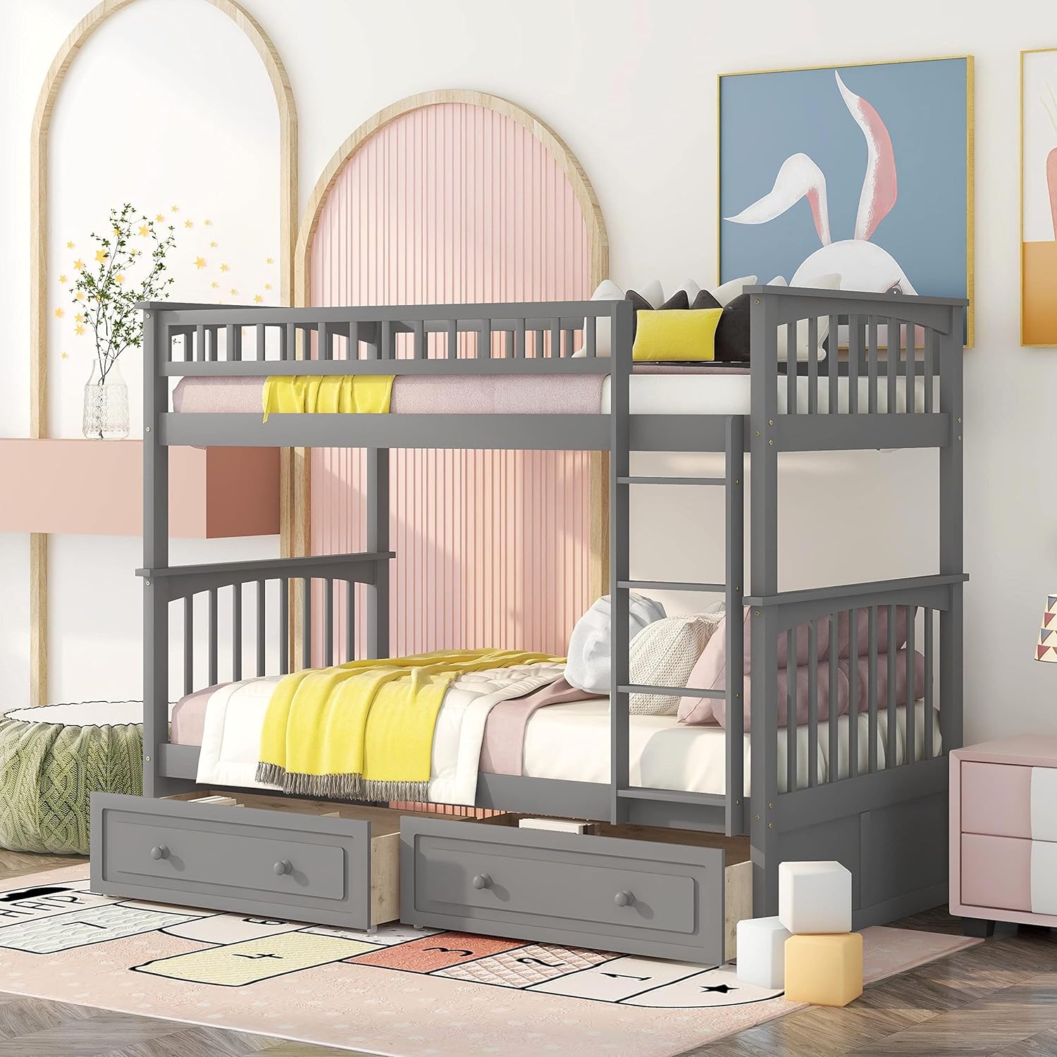 Bunk Beds With 2 Drawers, Solid Wood Convertible Two Size Daybeds, Over Teens Bedroom Bed, Frame