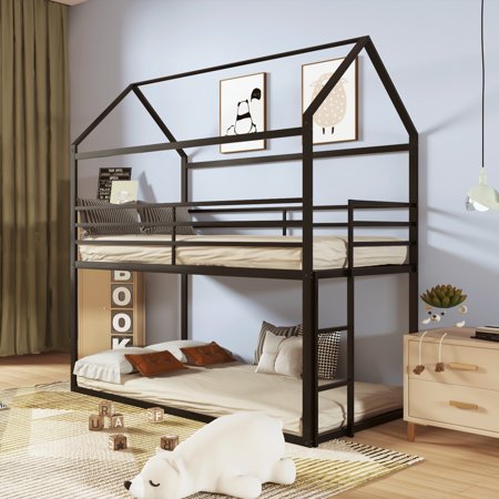 Bunk Beds for Kids Twin over Twin,House Bunk Bed Metal Bed Frame Built-in Ladder,No Box Spring Needed Black