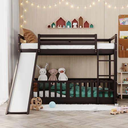 Bunk Beds with Slide and Ladder, Twin Over Twin Bunk Beds with Guardrail for Kids, No Box Spring Needed