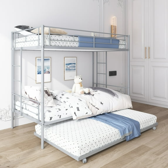 Bunkbed with Roll Out Trundle Bed Frame, Metal Bunk Bed Can Be Divided Into Two Twin Beds, Trundle Twin Bunk Bed with Ladders and Guardrails for Guest Room, Space Saving Bedroom Furniture, Silver, K10