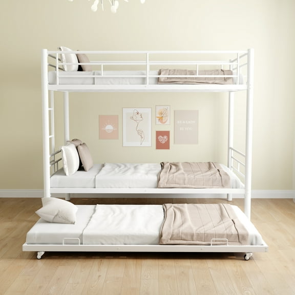 Bunkbed with Roll Out Trundle Bed Frame, Metal Bunk Bed Can Be Divided Into Two Twin Beds, Trundle Twin Bunk Bed with Ladders and Guardrails for Guest Room, Space Saving Bedroom Furniture, White, K117