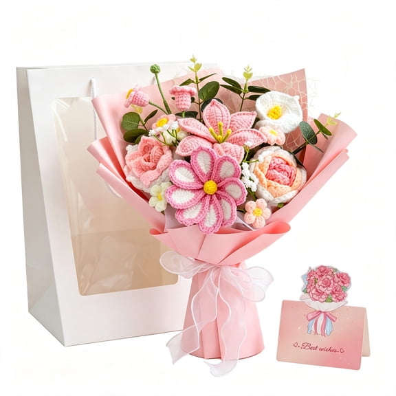 Bunmery Pink Crochet Flower Bouquet Gift Box Set with Card and Gift Bag, Eternal Knitted Rose Floral Bouquet for Birthday Mother's Day Valentine's Gifts