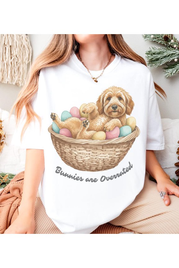 Bunnies Are Overrated Goldendoodle Shirt, Easter Dog in Basket with Eggs Graphic Tee Comfort Colors Unisex Cotton T-Shirt, Size S-3XL