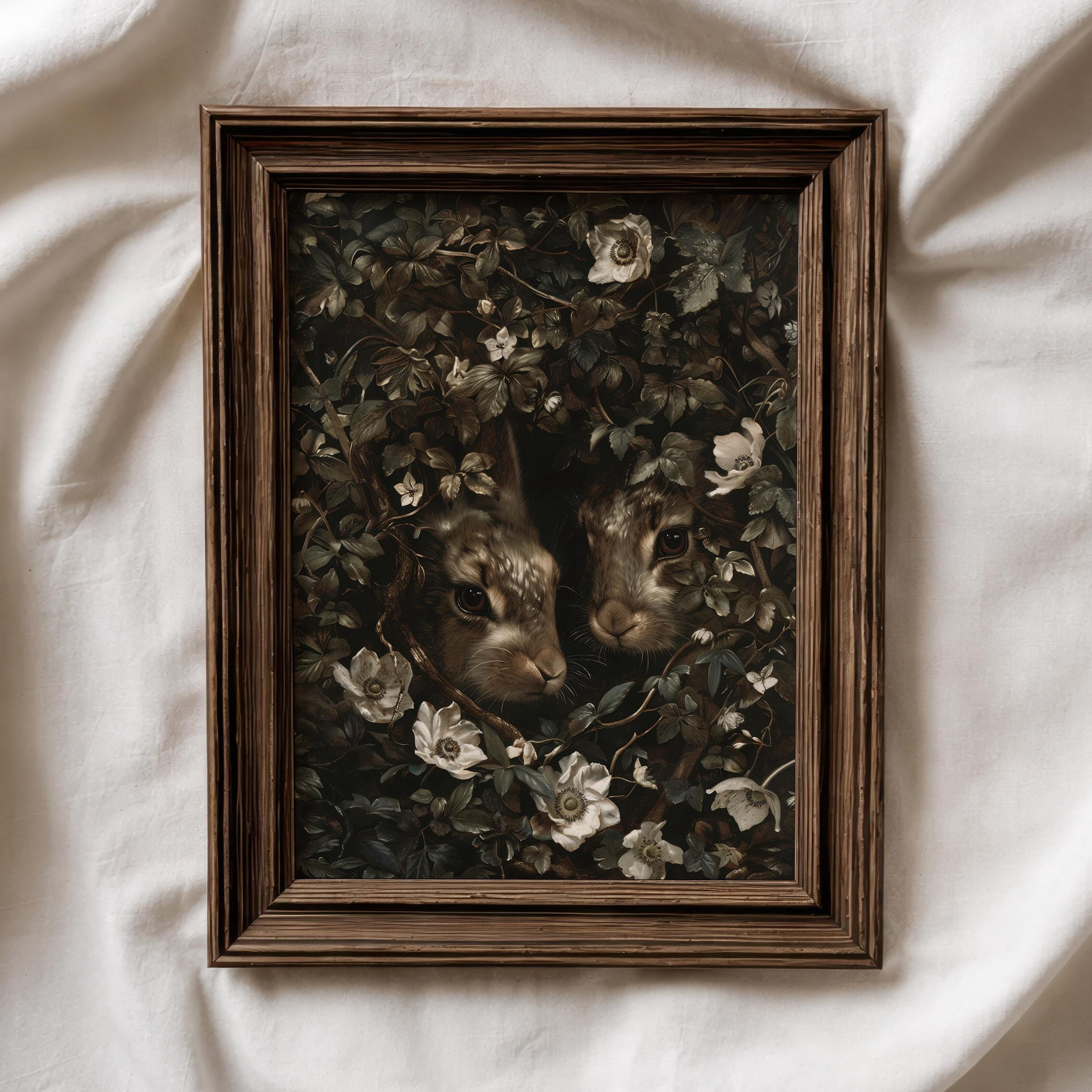 Bunnies Cottagecore Wall Art Dark Botanical Rabbit Print Moody Floral ...