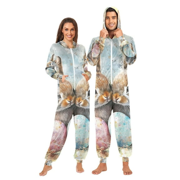 Bunnies Easter Eggs Adult Onesie Pajamas Slim Fit Christmas One Piece Suit Pjs for Women and Men Hooded Zipper
