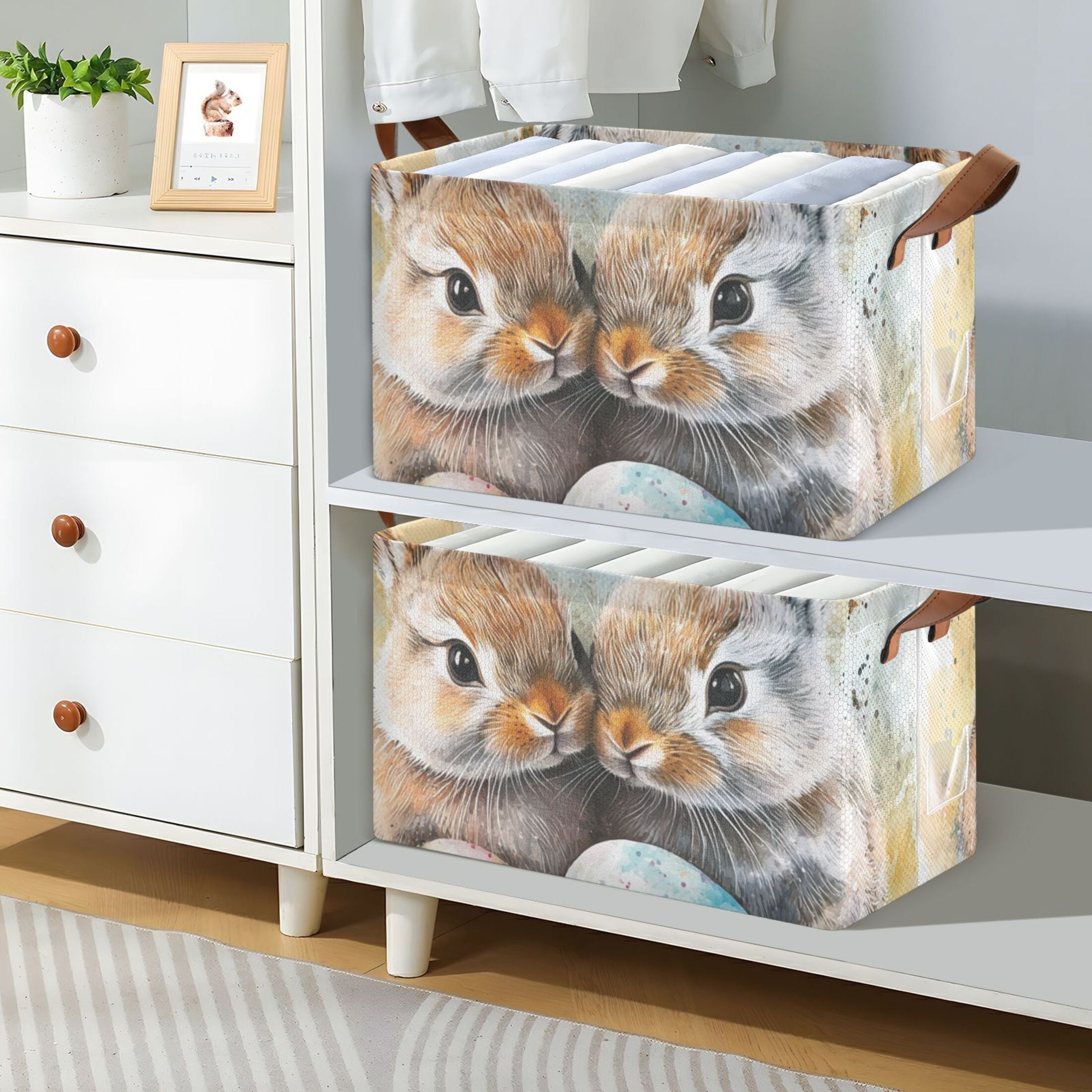 Bunnies Easter Eggs Foldable Storage Large Fabric Storage Baskets Organizer Storage Bins with Handles for Shelves