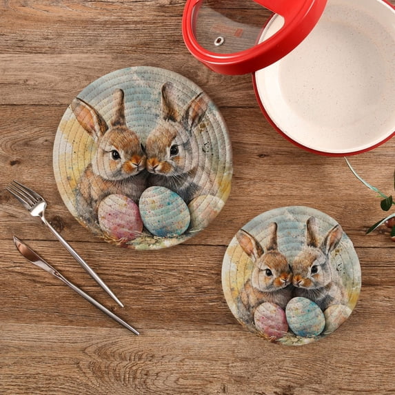 Bunnies Easter Eggs Trivet Mats Set Cotton Woven Non-Slip Pot Holders Heat Resistant for Hot Pots Pans Dishes Pats