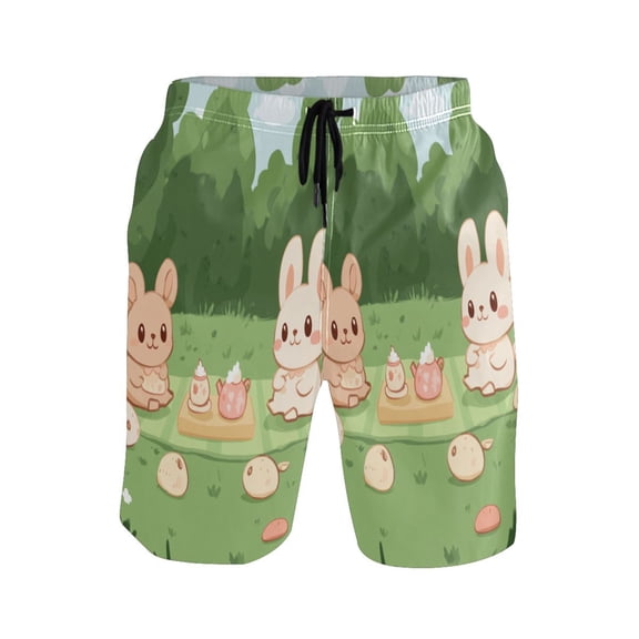 Bunnies Enjoying A Picnic XX-Large Size Men's Lightweight Beach Shorts with Mesh Lining, Quick Dry