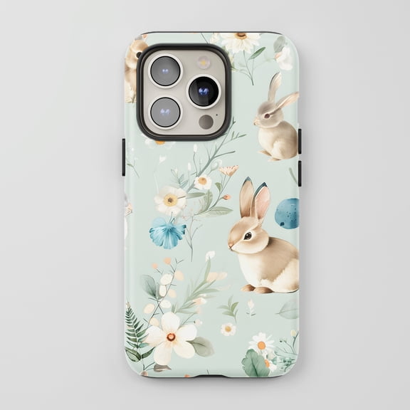 Bunnies Floral For All iPhone Series Protective Phone Case Watercolor Mint Green