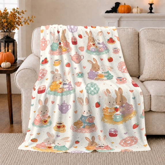 Bunnies Tea Party Pumpkins Storybook Scene, Playful Food Art Scene, Warm Flannel Blanket for Kitchen and Dining Room, Food Lovers Thanksgiving Gift, Playful Home Decor