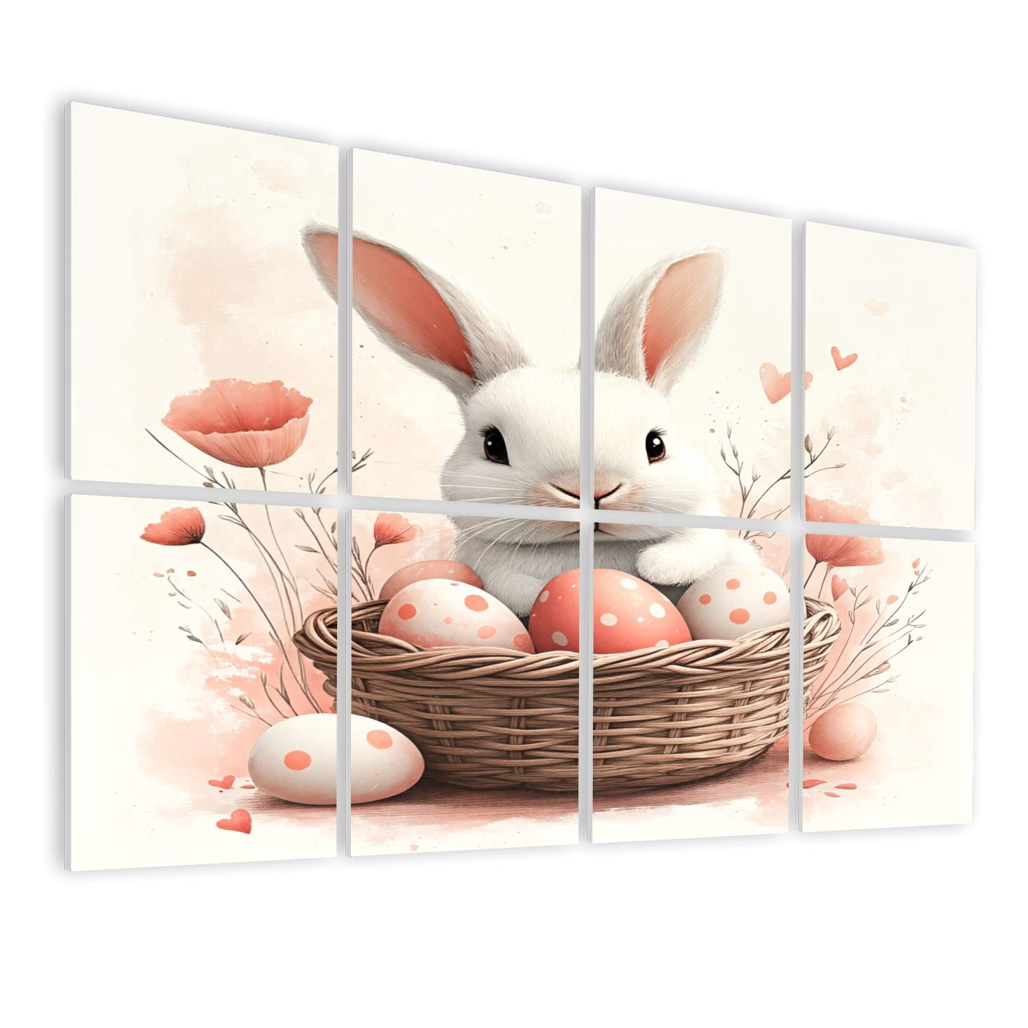 Bunny 8 Pack Art Acoustic Panels Sound Absorbing Bunny Basket Easter Eggs Decorative Soundproof Wall Panels Self Adhesive for Nursery Game Room Girls Bedroom 48"x32"
