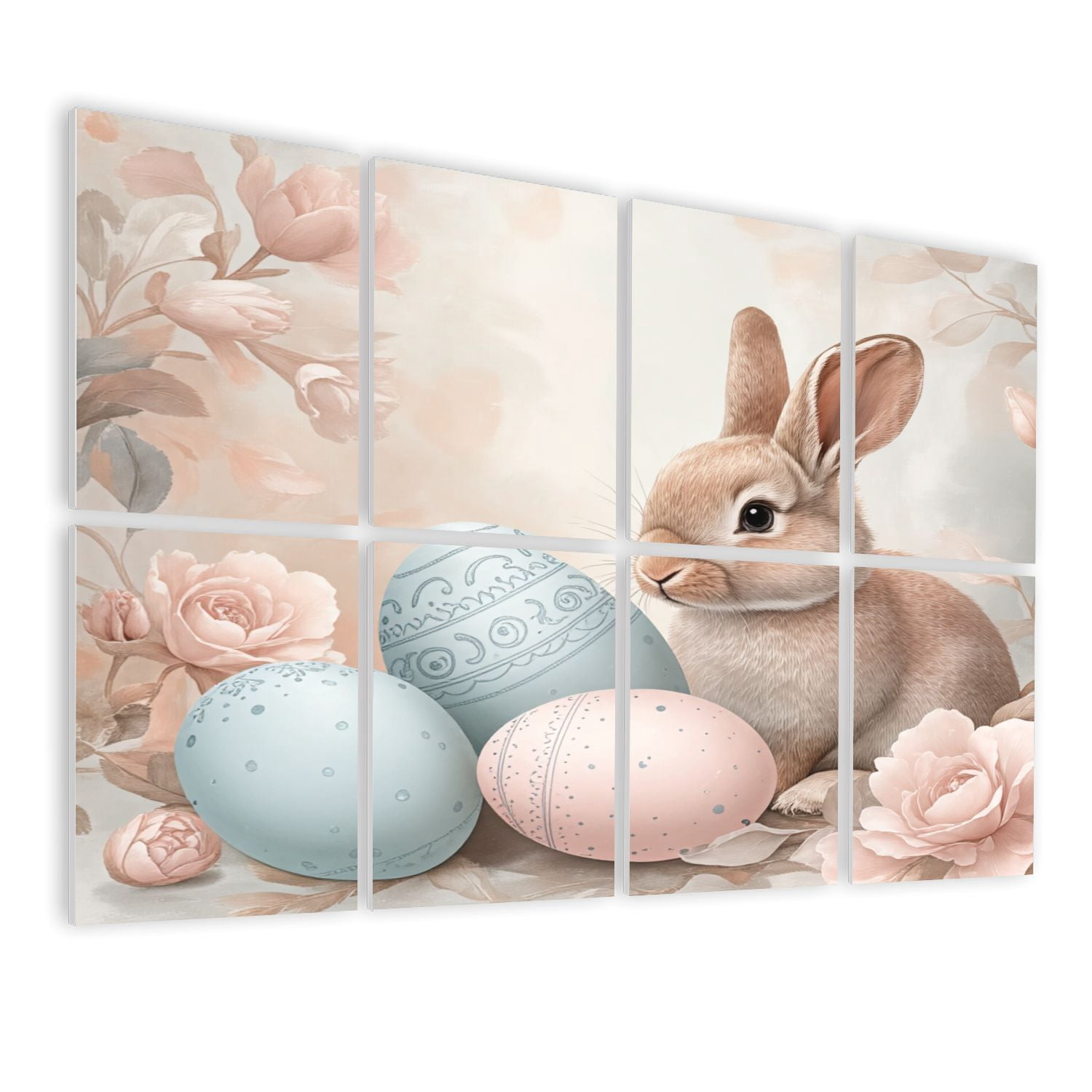 Bunny 8 Pack Art Acoustic Panels Sound Absorbing Bunny Easter Eggs vintage Decorative Soundproof Wall Panels Self Adhesive for Nursery Game Room Girls Bedroom 48"x32"