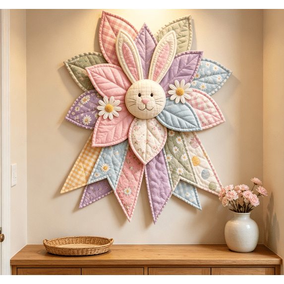 Bunny Accent Quilted Fabric Door Wreath Pastel Leaf Daisy Wall Hanging Ornament Rustic Style Front Door Spring Home Decor