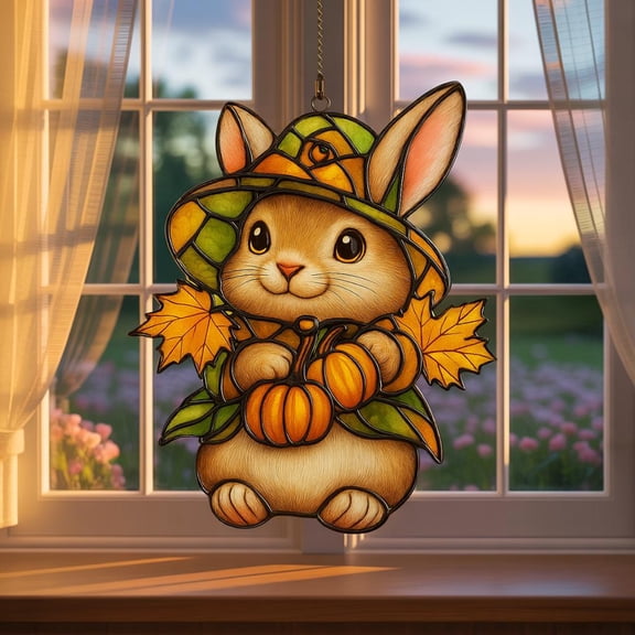 Bunny Acrylic Suncatcher, Fall Window Hanging Decor, Pumpkin Rabbit Ornament, Autumn Sun Catcher Art, Thanksgiving Cozy Home Decor