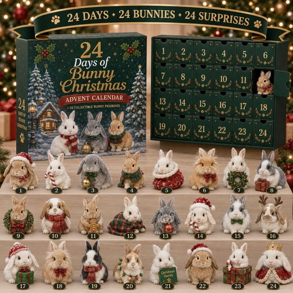 Bunny Advent Calendar 2026, 24-Day Christmas Countdown with Mini Bunny Figurines, Festive Rabbit Collectibles for Tabletop Holiday Display and Seasonal Decor