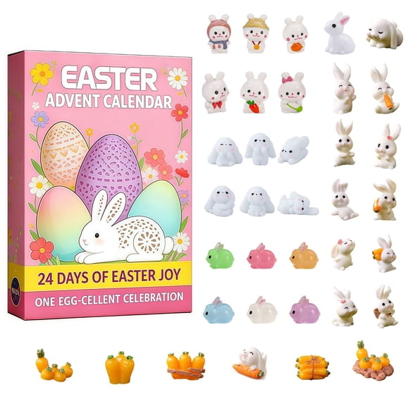 Bunny Advent Calendar 2026 - Easter Countdown Calendar with 24 3D Flat Ornaments & Airplane Blind Box, Interactive Kids Toy for Easter Basket Stuffers, Holiday Decoration