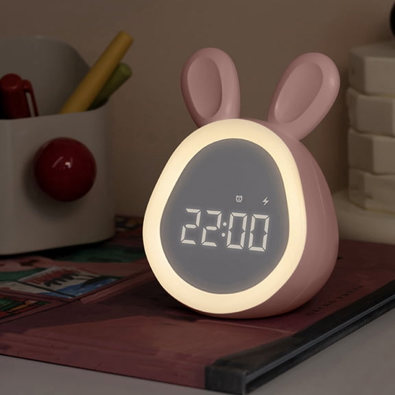 Bunny Alarm Clock with Night Light, USB Rechargeable Ki*ds Alarm Clock for Bedroom Nursery, Adjustable Brightness, Dual Alarms, Multiple Ringtones, Cute Rabbit Desk Clock for Children Adults
