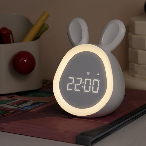 ​Bunny Alarm Clock with Night Light - USB Rechargeable LED Bedside Clock - Adjustable Brightness, 5 Ringtones & Dual Alarms - Cute Kids Room Decor 4.4in​​ Gray