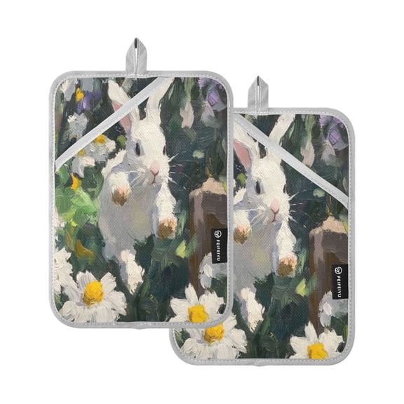 Bunny Among Daisies 7x9.8in Pot Holder Set Heat-Resistant Oven Hot Pads Durable with Storage Loop