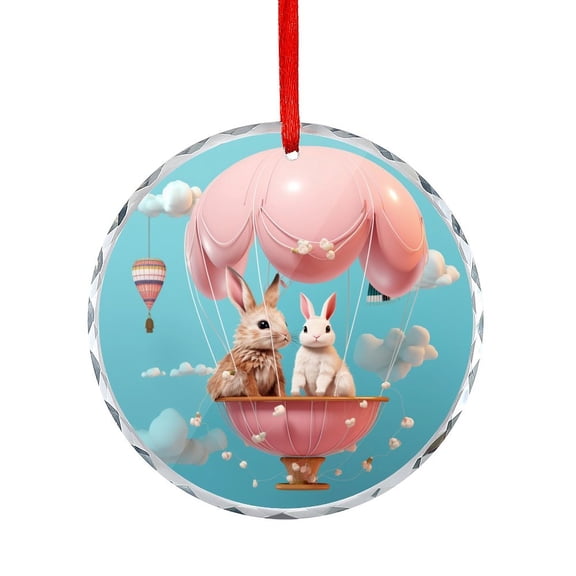 Bunny And Bird Flying In A Balloon Christmas Ornament Colorful Bunny Rabbit Glass Round Ornaments for Home Office Xmas Tree Decor