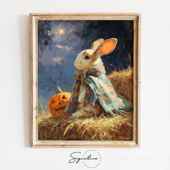 Bunny Art in Plaid Scarf, Charming Decor, Rustic Rabbit, Fall Wall Art, Pumpkin Scene 3989 Unframed Paper Print