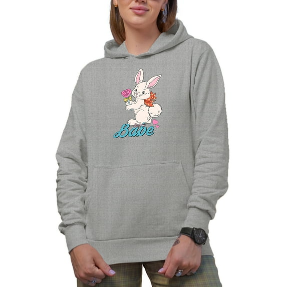 Bunny Babe, Easter Sunday or Day with Cute Rabbit Art, Favor, Souvenir or Merch Gift, Heather Grey Hooded Sweatshirt or Hoodie, XL