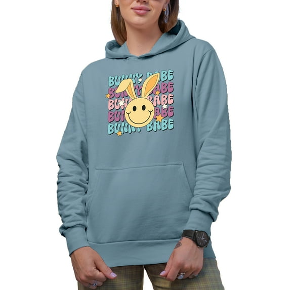 Bunny Babe, Retro Easter Sunday Rabbit Art Favor, Souvenir or Merch Gift, Light Blue Hooded Sweatshirt or Hoodie, XL