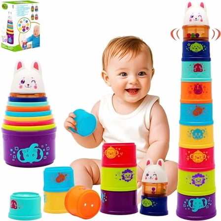 Bunny Baby Stacking Cups for Toddlers 1-3,Stacking Toys Plastic Stackable Cups for Babies 6-12 12-18 Months Toddler Toys 1-2 Nesting Color Learning Montessori Toy Gift for 1 Year Old Boy Girl