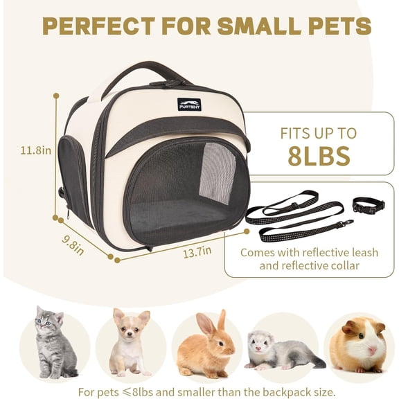Bunny Backpack, Breathable Collapsible Small Pet Carrier with Safety Leash - for Puppies, Kittens, and Ferret Weighing up to 8 lbs, Designed for Travel, Walking and Outdoor Use Cat Bag, Beige