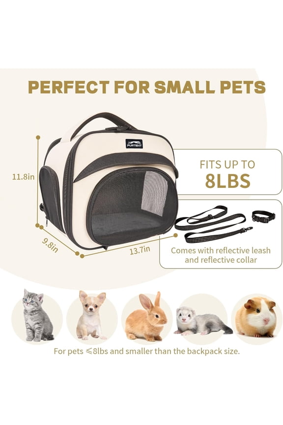 Bunny Backpack, Breathable Collapsible Small Pet Carrier with Safety Leash - for Puppies, Kittens, and Ferret Weighing up to 8 lbs, Designed for Travel, Walking and Outdoor Use Cat Bag, Beige