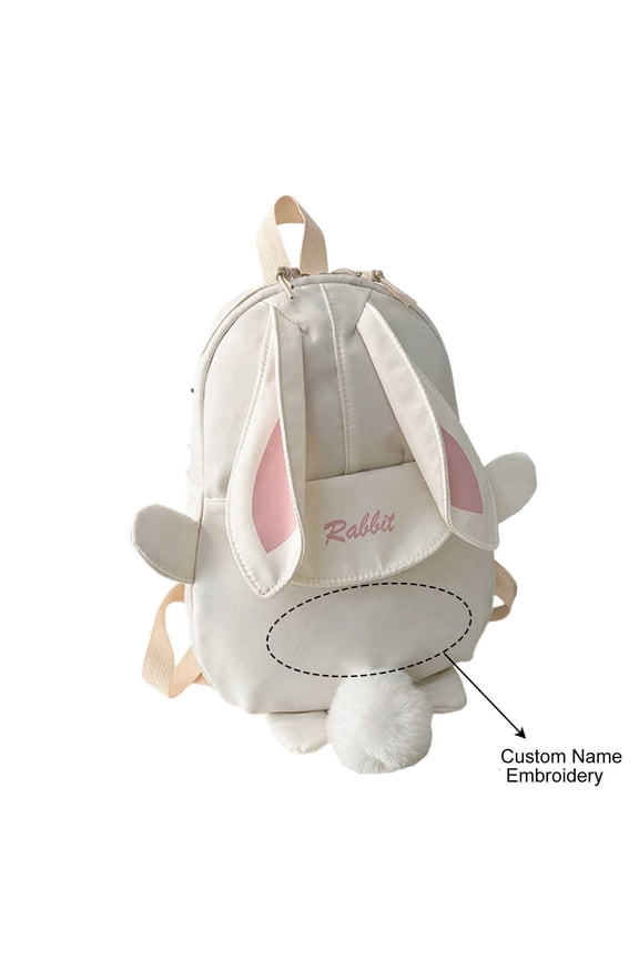 Bunny Backpack with Fluffy Pom Pom Tail Rabbit Ear Daypack Cute Cutecore Small Nylon Bag for Women