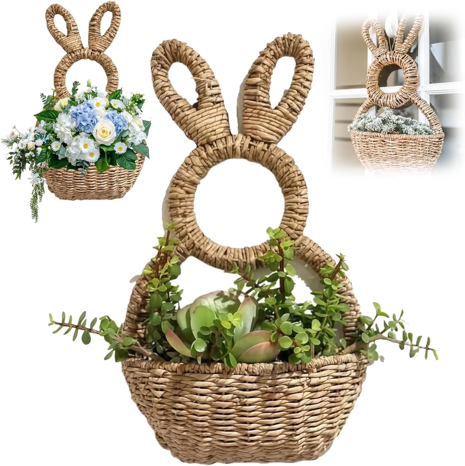 Bunny Basket Hanging Wall Pocket Spring Decor, Hand Woven Wicker Easter Basket Hanging Ornament, Handmade Wicker Easter Candy Eggs Baskets for Easter Eggs Storage (1PCS)