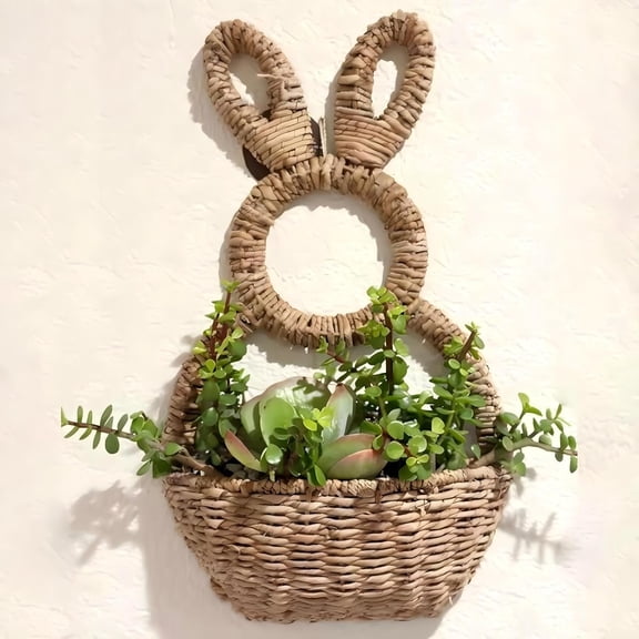 Bunny Basket Hanging Wall Pocket Spring Decor, Wicker Bunny Wreath, Bunny Easter Basket Hand Woven Rabbit Statue Spring Wreath, Unlined Bunny Basket for Easter Gifts(Q)