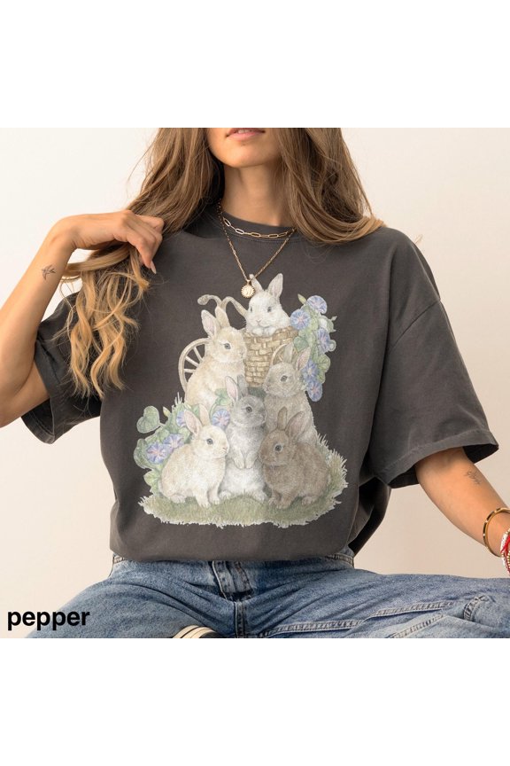 Bunny Basket Shirt Spring Rabbit Garden Portrait Illustration Graphic Tee Cottagecore Top