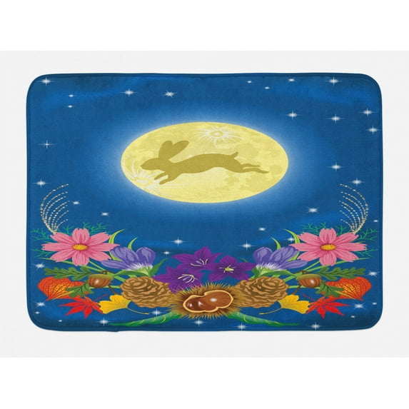 Bunny Bath Mat, Dreamy Illustration of a Rabbit Silhouette up in the Night Sky Moon and Flowers, Plush Bathroom Decor Mat with Non Slip Backing, 29.5" X 17.5", Multicolor, by Ambesonne