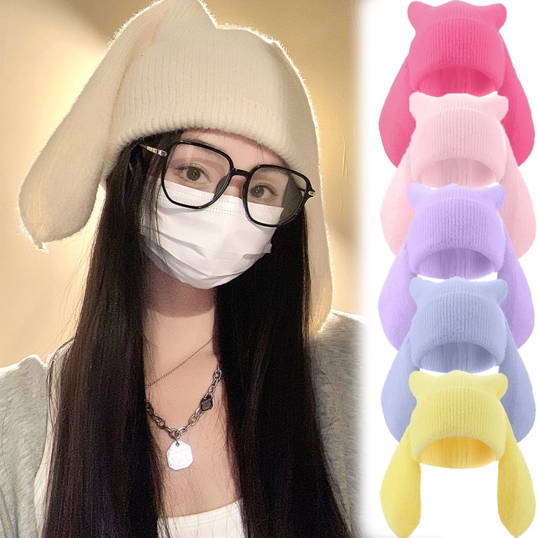 Wool Beanie Hat with Cute Bunny Ears Slouchy Baseball Cap Winter Warm Knit MEINICY Women Bunny Beanies Rabbit Long Ears Cap Cute Funny  main image 3