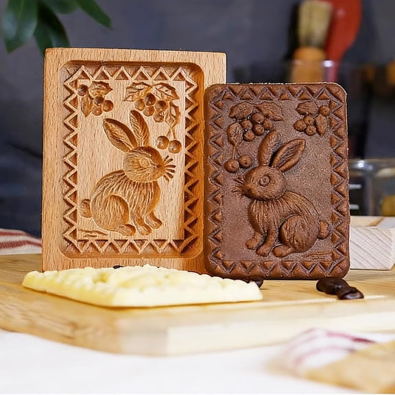 Bunny with Berries Easter Wooden Cookie Molds, 2026 New Carved Cookie Cutter for Baking, 3D Rabbit Shape Biscuit Embossing Press Stamps for Holiday Easter Christmas Kitchen DIY Family Gatherings