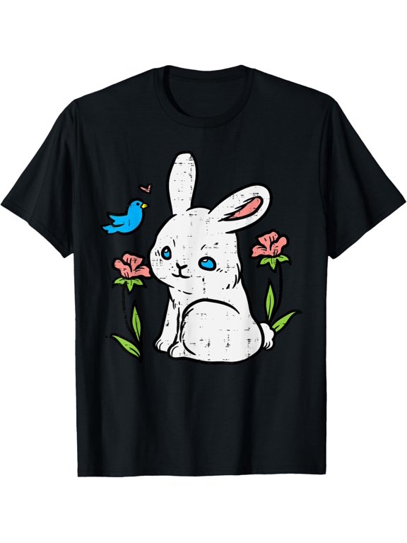 Bunny Bird Flowers Cute Happy Easter Day Rabbit Girls Kids T-Shirt men and women can wear, black, white, gifts