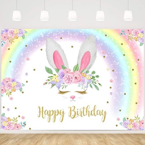 Bunny Birthday Decorations Backdrop Spring Easter Floral Rainbow Bunny ...