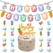 Bunny Birthday Decorations Kit Rabbit Theme Happy Birthday Banner Cake Topper Pink Gold White Latex Balloons for Children Girl 1st 2nd Bday Happy Easter Festival Spring Party Supplies A