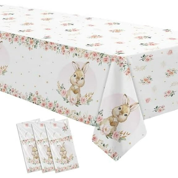 Bunny Birthday Decorations Tablecloth, Disposable Bunny Party Supplies Table Cover for Baby Shower, Easter Rabbit Themed Party Decorations Table Cloth, 3 Pack, 55in x 86in
