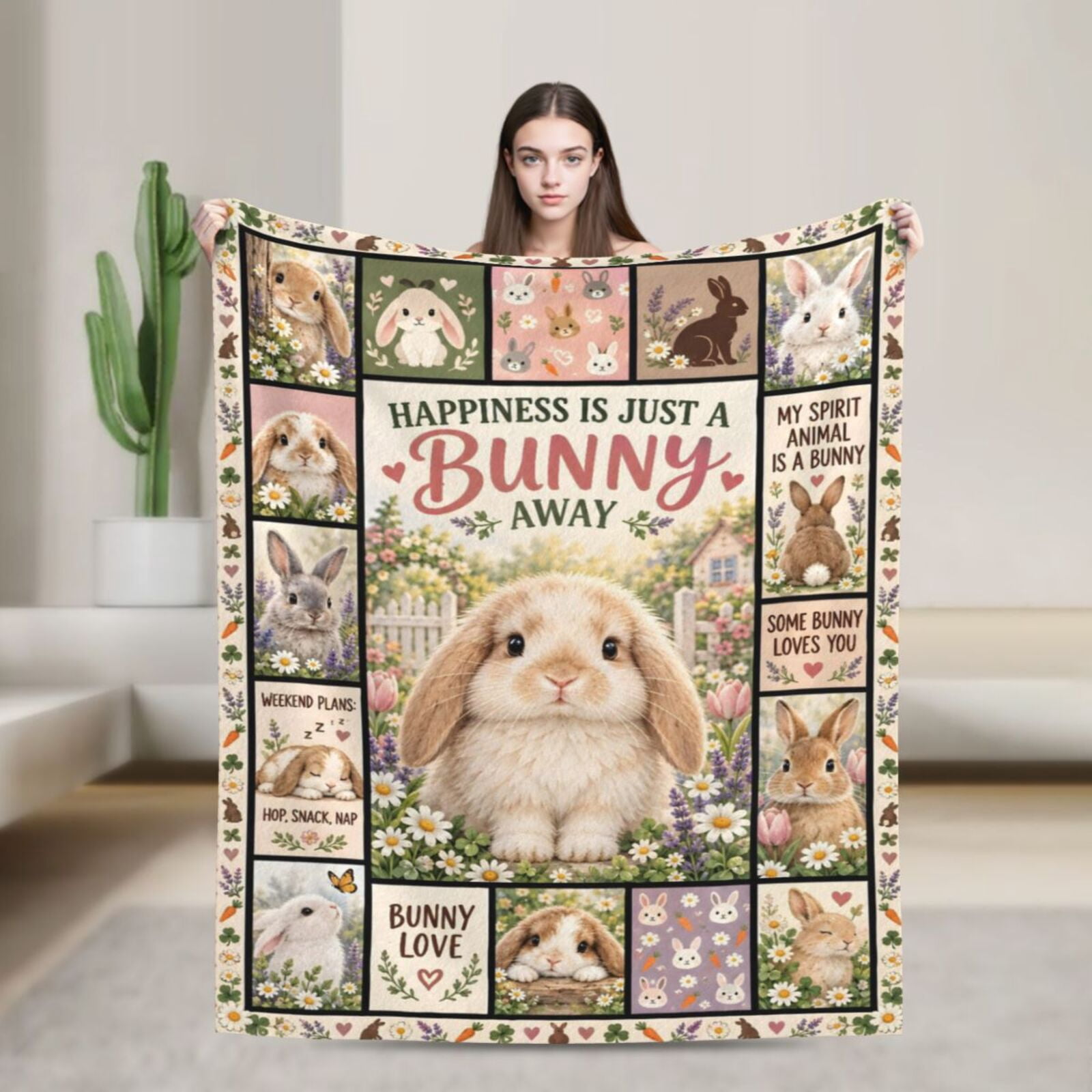 Bunny Blanket Cute Rabbit Floral Flannel Throw Blanket Gift for Bunny ...