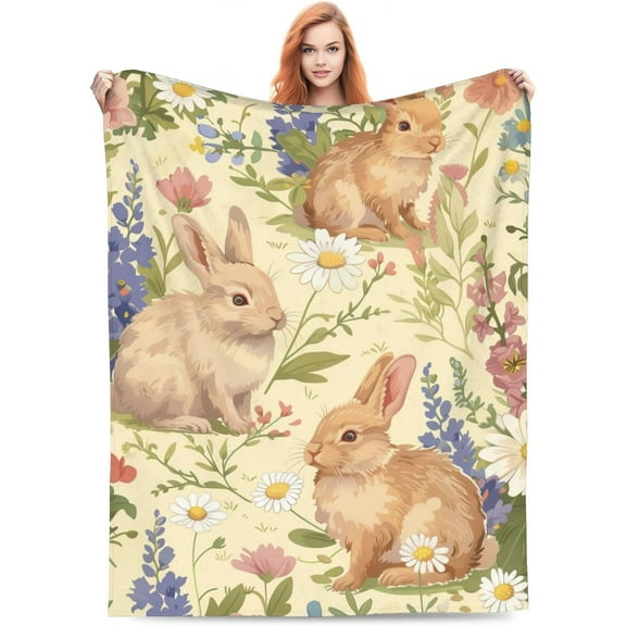 Bunny Blanket for Girls Kids, Flannel Rabbit Blankets Gifts, Floral Daisy Bunny Throw Blanket for Sofa Couch Bed Living Room Soft Warm Cozy Bunny Decor 60" x 50"