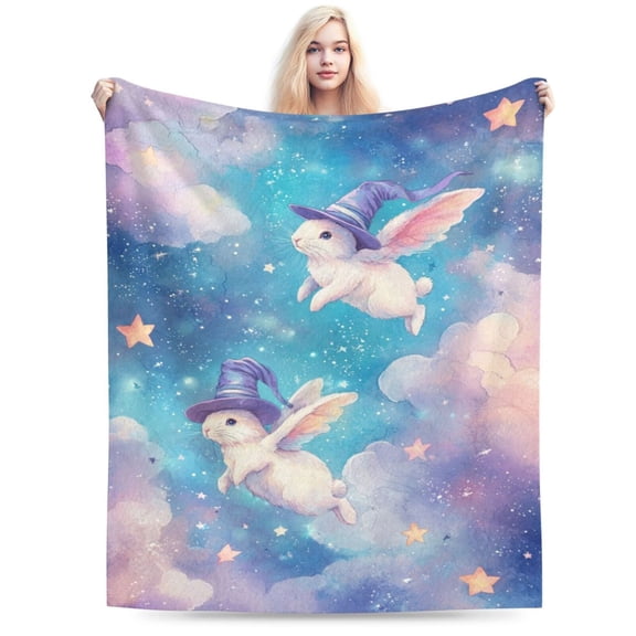 Bunny Blanket Multiple Starry Bunnies Winged & Hatted Galaxy Cluster Cosy Fantasy Unique Design All-Season Throw 50x40